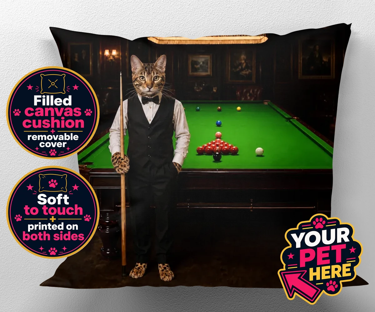 Personalised The Snooker Star cat canvas cushions featuring a delightful cat portrait that captures the spirit of your furry frien