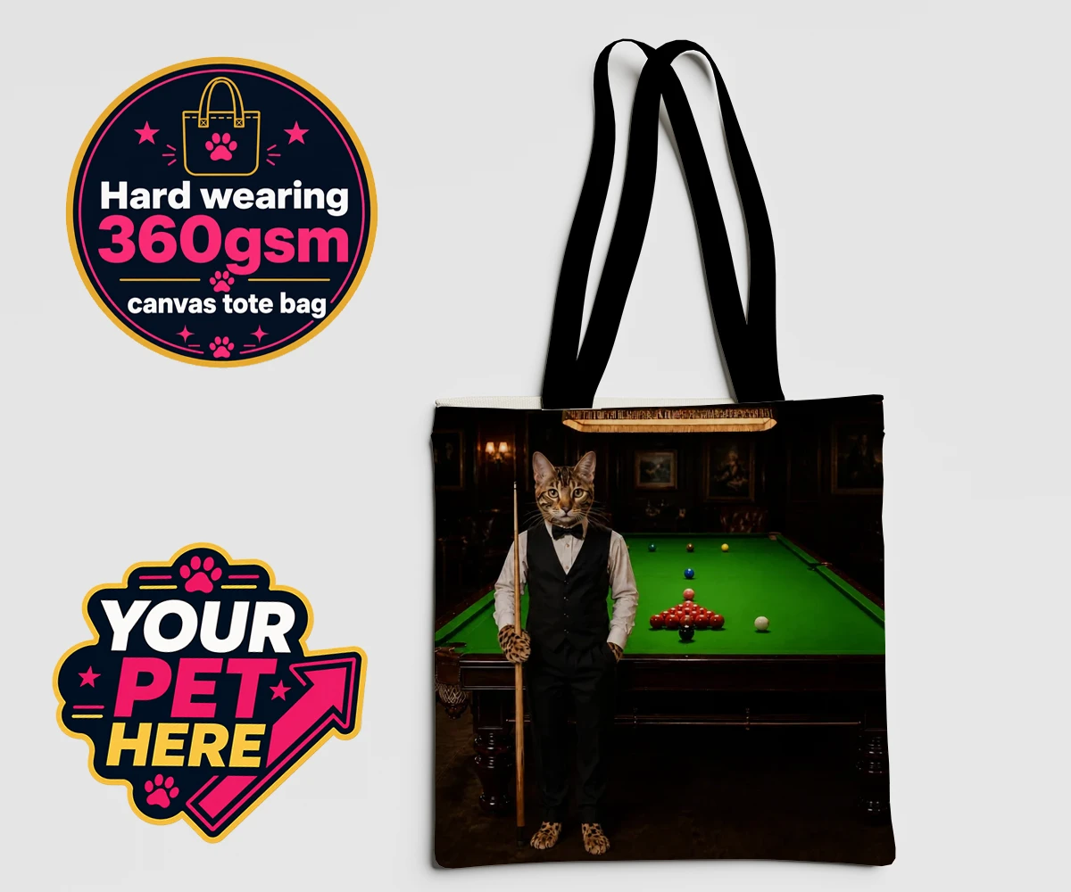 Personalised The Snooker Star cat canvas tote bags featuring a delightful cat portrait that captures the spirit of your furry frien