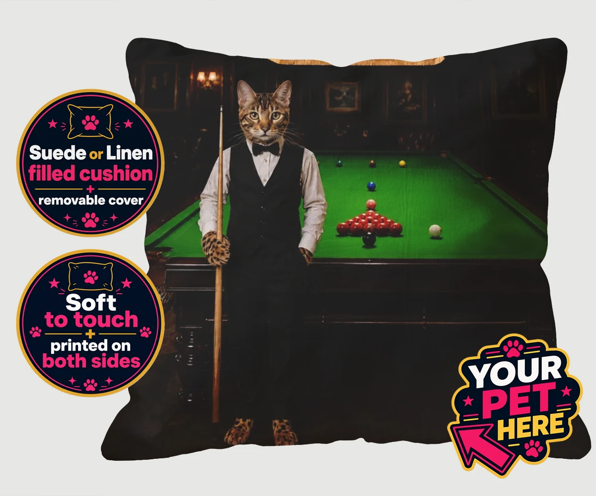 Personalised The Snooker Star cat cushions featuring a delightful cat portrait that captures the spirit of your furry frien