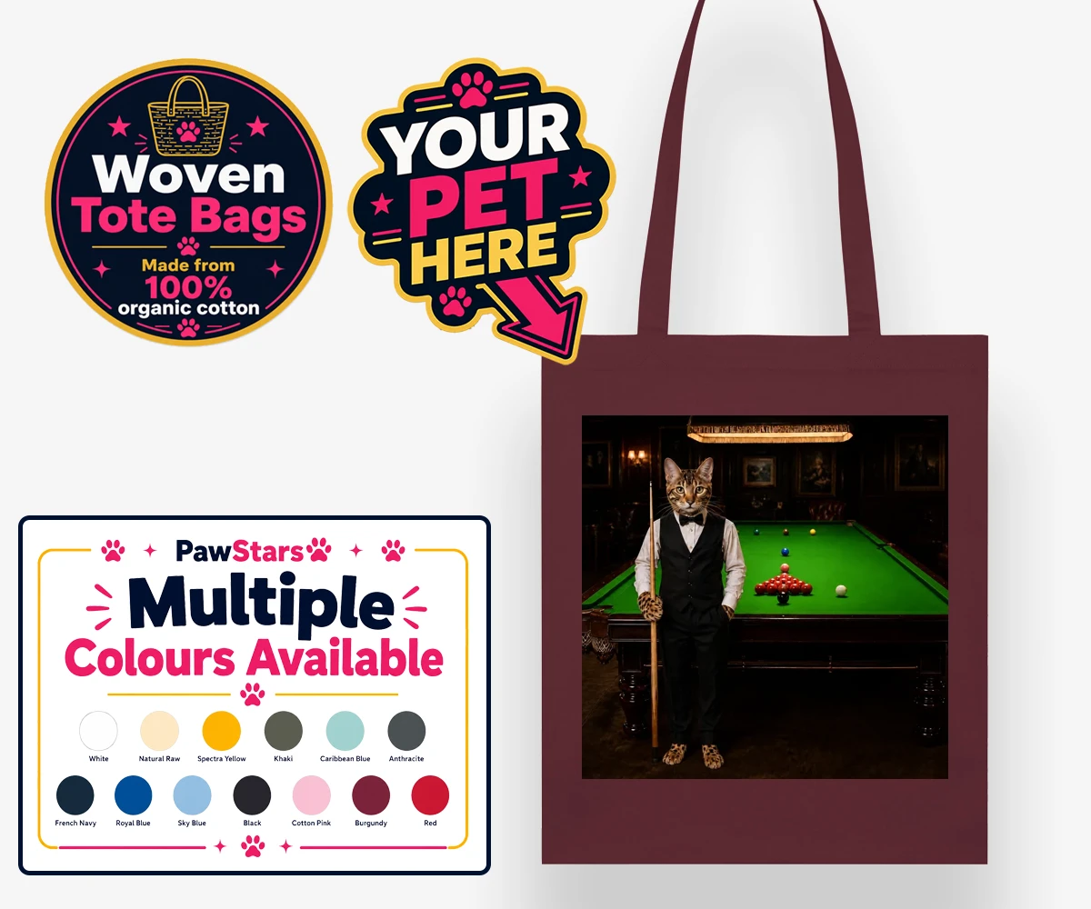 Personalised The Snooker Star cat woven tote bags featuring a delightful cat portrait that captures the spirit of your furry frien