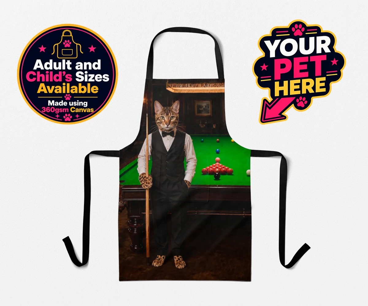 Personalised The Snooker Star cat aprons featuring a delightful cat portrait that captures the spirit of your furry frien