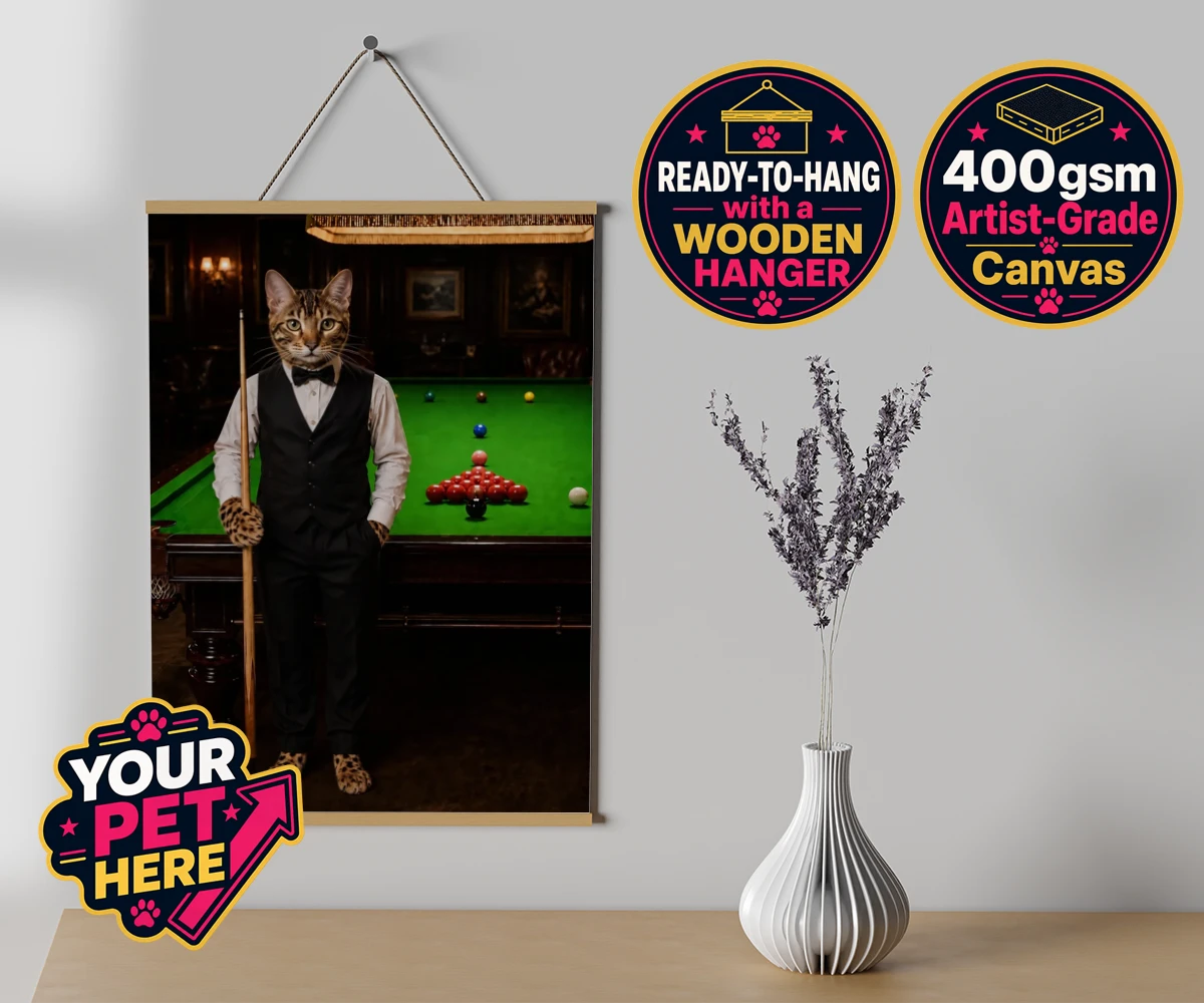 Personalised The Snooker Star cat canvas poster prints with hanger featuring a delightful cat portrait that captures the spirit of your furry frien