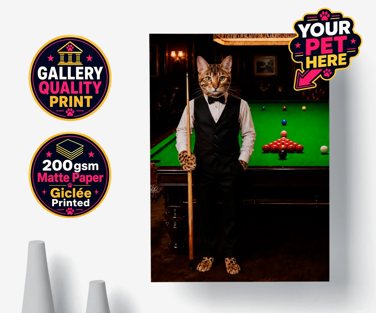 Personalised The Snooker Star cat premium poster print featuring a delightful cat portrait that captures the spirit of your furry frien