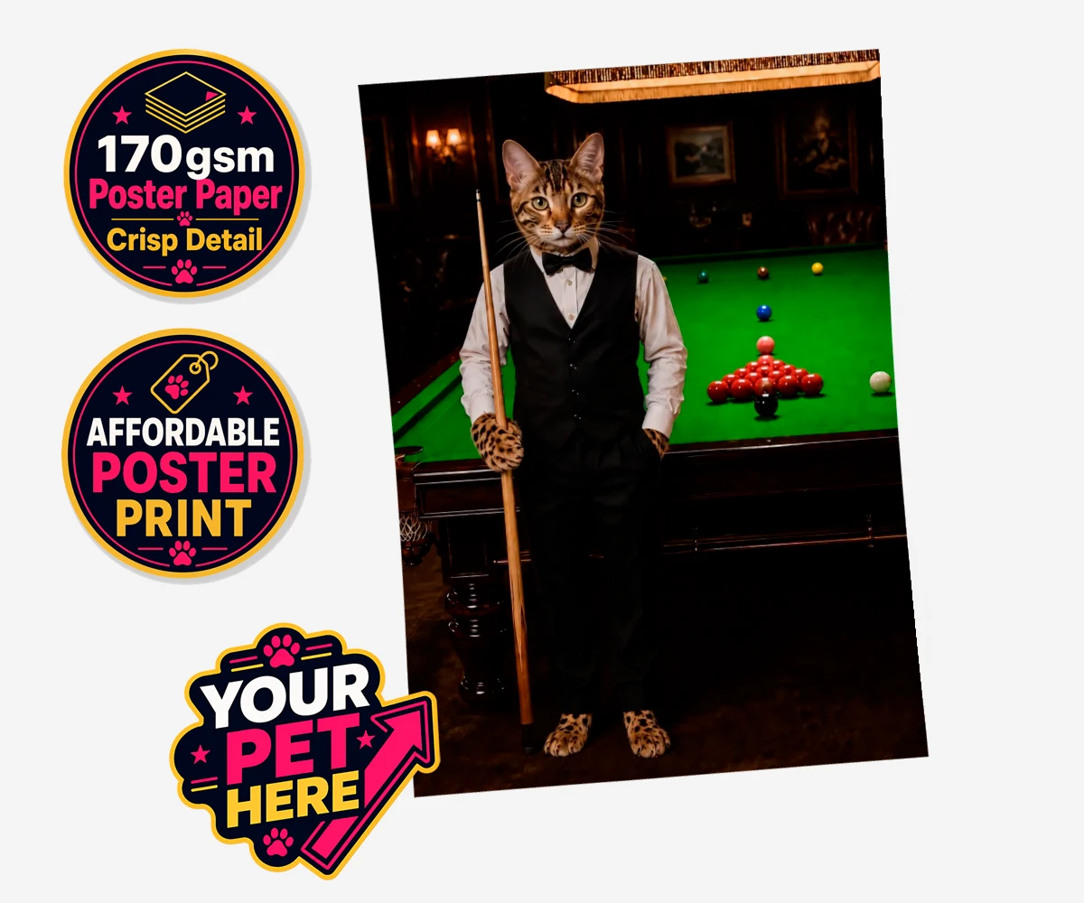 Personalised The Snooker Star cat standard poster print featuring a delightful cat portrait that captures the spirit of your furry frien