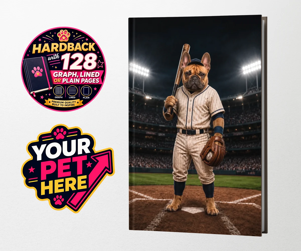 Personalised hardback notebook featuring Baseball Paw Legend dog in a striped baseball uniform with a vibrant stadium backdrop