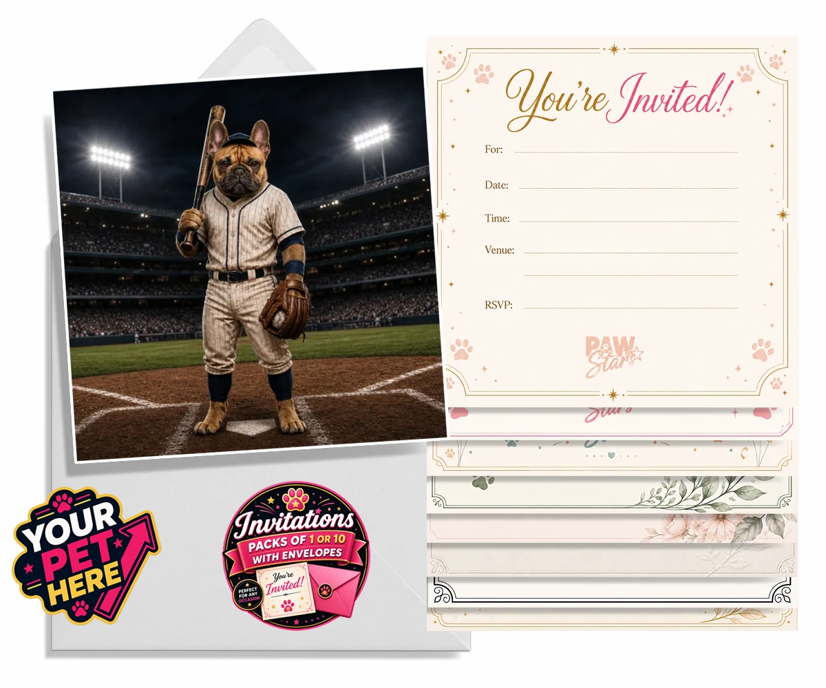 Personalised Baseball Paw Legend dog invitations featuring a charming dog in a baseball uniform