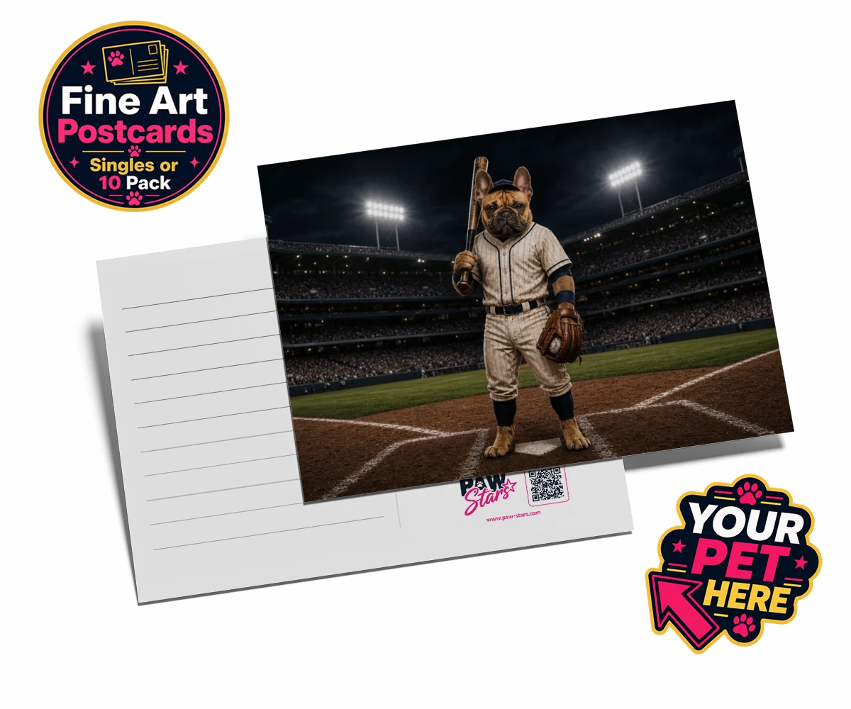 Personalised Baseball Paw Legend postcard featuring a dog in a baseball uniform with a stadium background