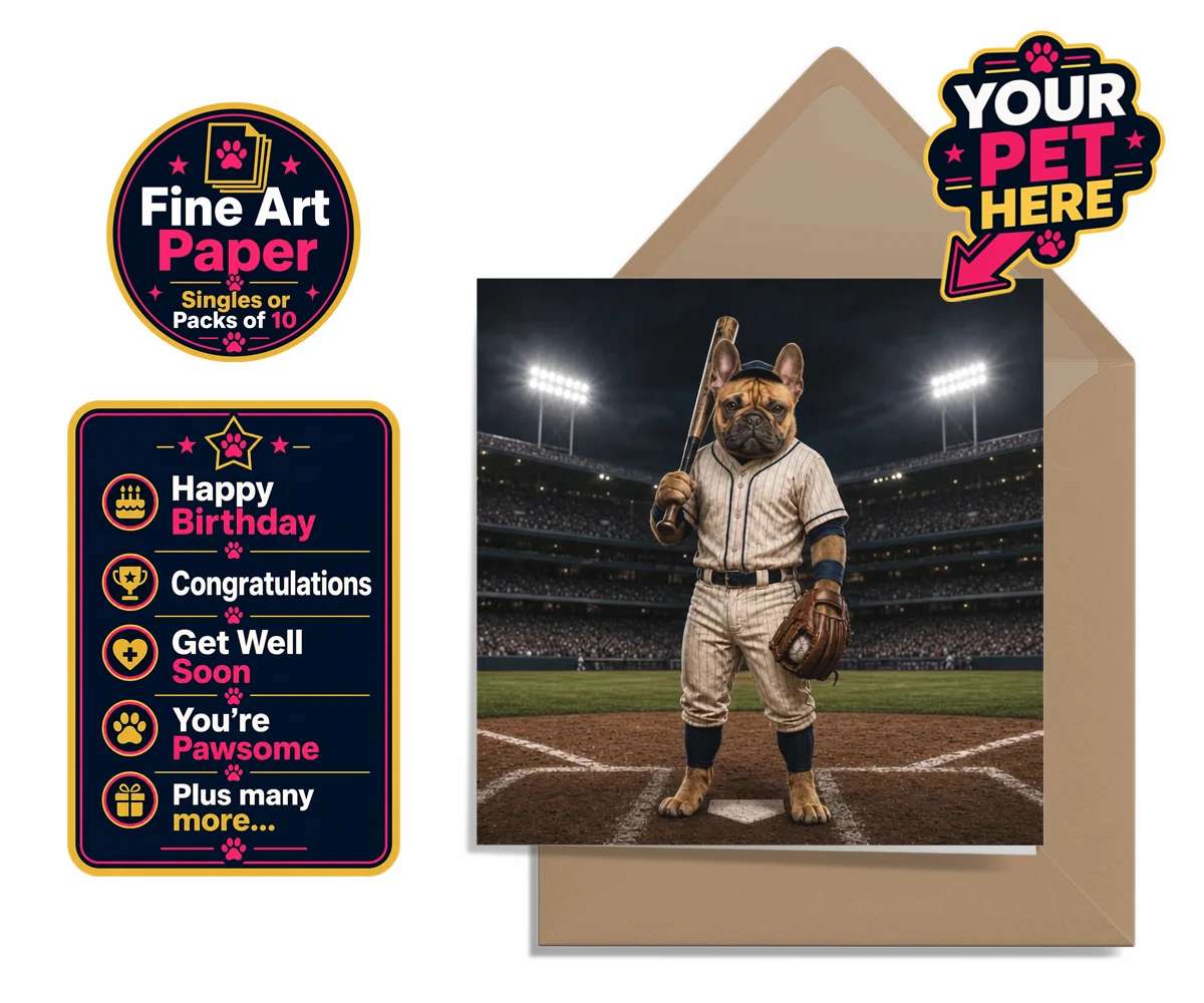 Personalised premium greetings card featuring Baseball Paw Legend dog in baseball uniform with stadium backdrop