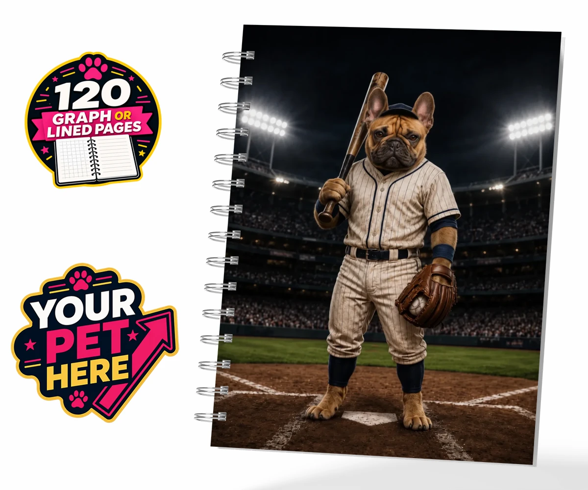 Personalised spiral notebook featuring Baseball Paw Legend dog in a baseball uniform with stadium backdrop.