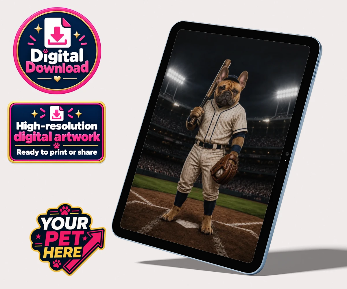 Personalised Baseball Paw Legend dog portrait digital download featuring a dog in a striped baseball uniform with a stadium backdrop.