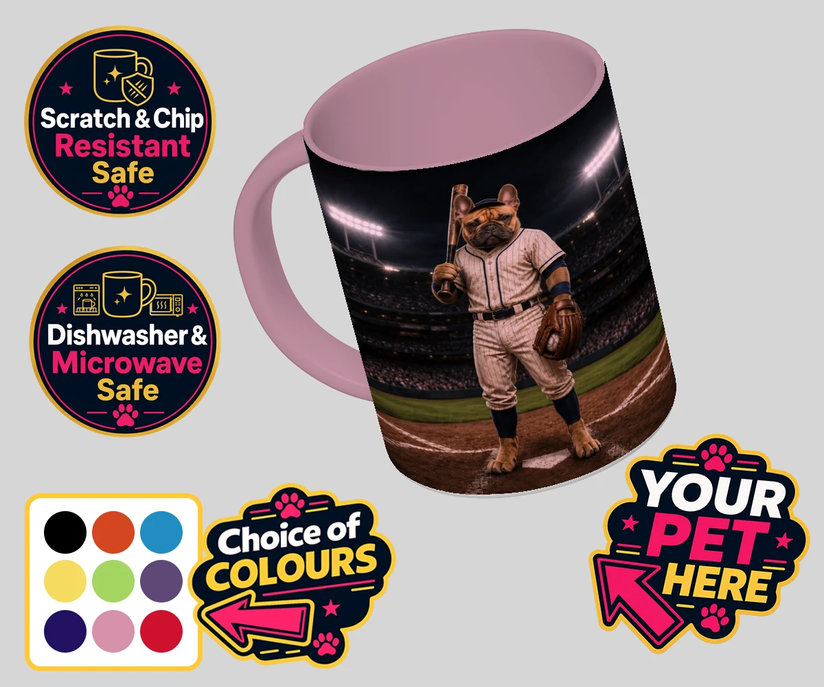 Personalised Baseball Paw Legend dog coloured photo mugs featuring step up to the plate with our delightful Baseball Paw Legend portrait!