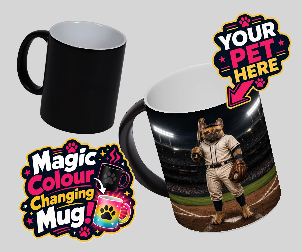 Personalised Baseball Paw Legend dog magic photo mugs featuring step up to the plate with our delightful Baseball Paw Legend portrait!