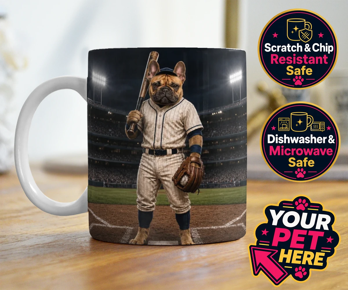 Personalised Baseball Paw Legend dog photo mugs featuring step up to the plate with our delightful Baseball Paw Legend portrait!