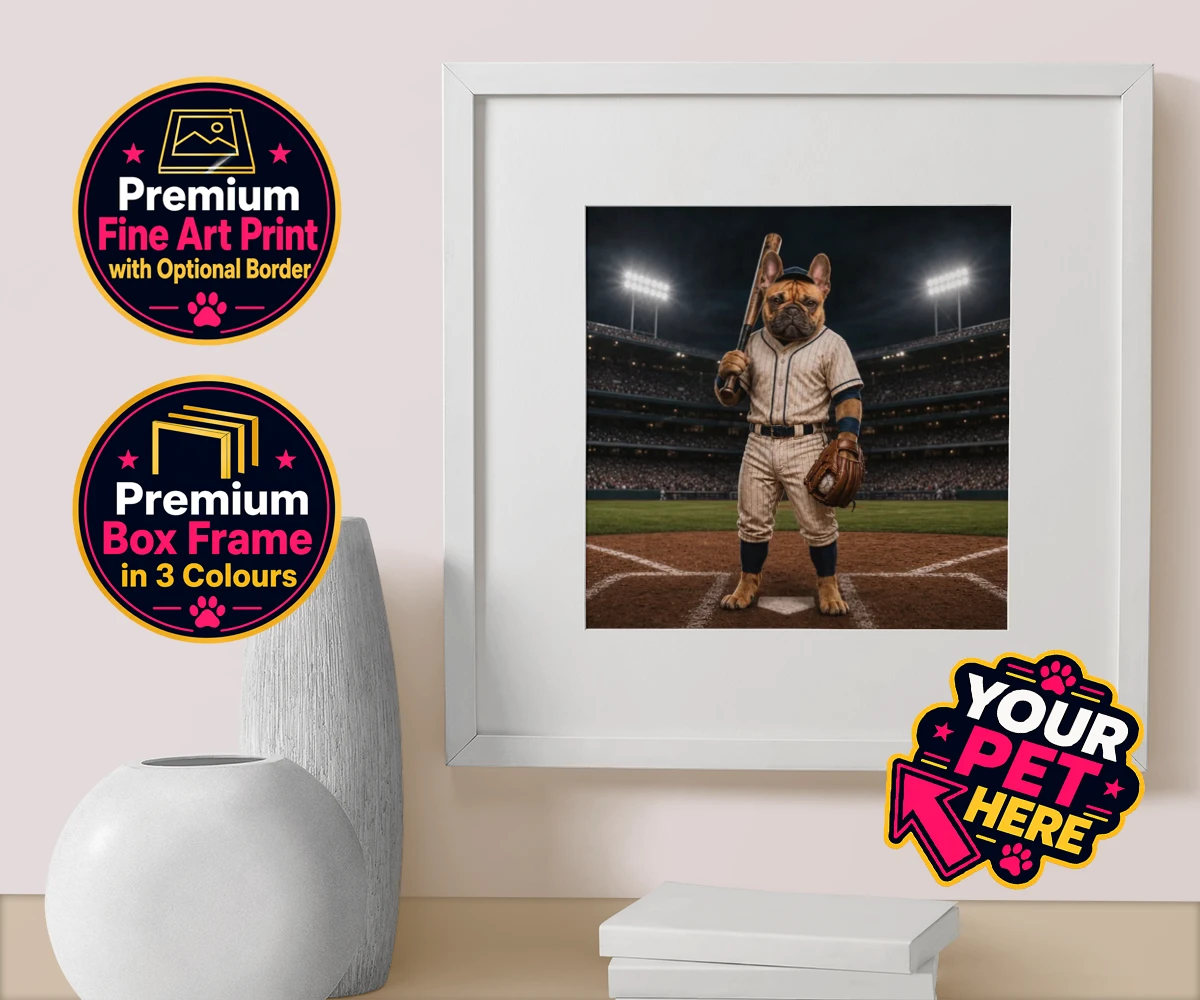 Personalised Baseball Paw Legend dog box framed print featuring step up to the plate with our delightful Baseball Paw Legend portrait!
