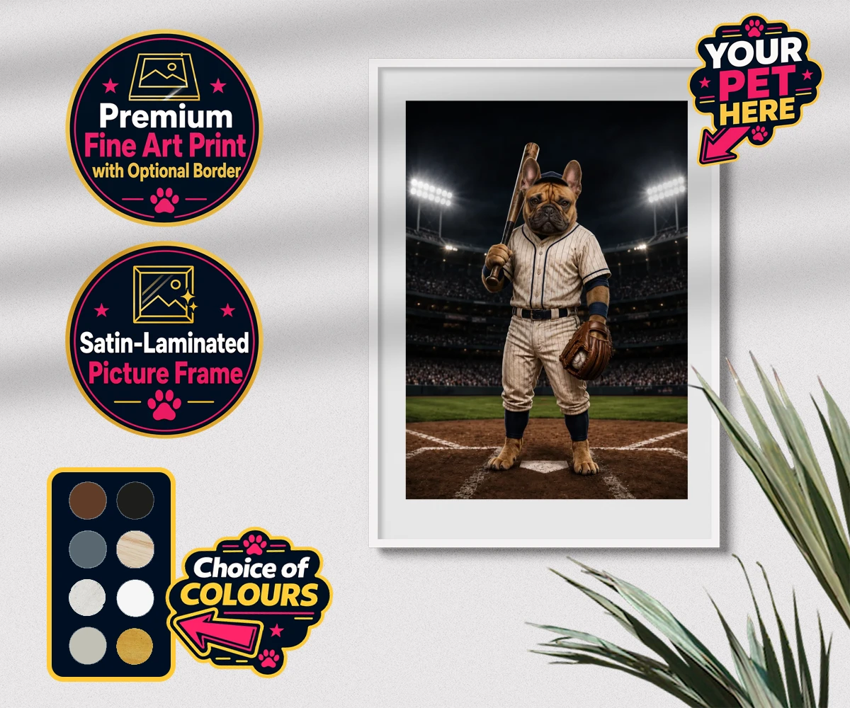 Personalised Baseball Paw Legend dog premium framed print featuring step up to the plate with our delightful Baseball Paw Legend portrait!