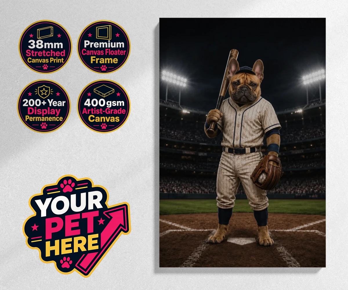 Personalised Baseball Paw Legend dog stretched canvas print featuring step up to the plate with our delightful Baseball Paw Legend portrait!
