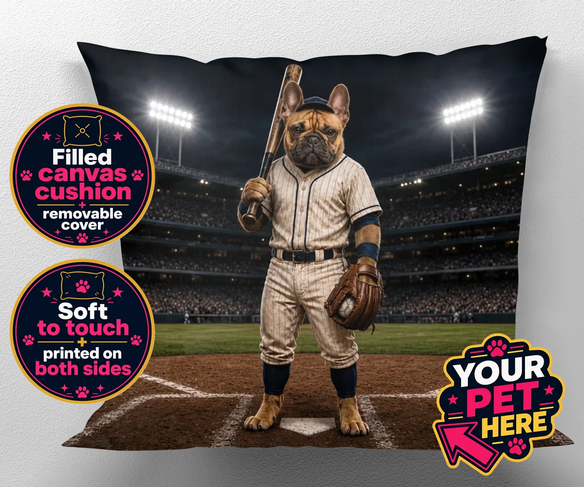 Personalised Baseball Paw Legend dog canvas cushion featuring a dog in a striped baseball uniform with a stadium backdrop