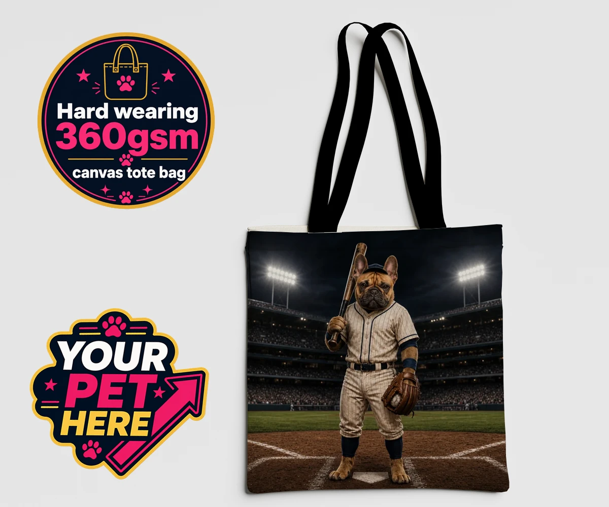 Personalised canvas tote bag featuring Baseball Paw Legend dog in striped baseball uniform against stadium backdrop