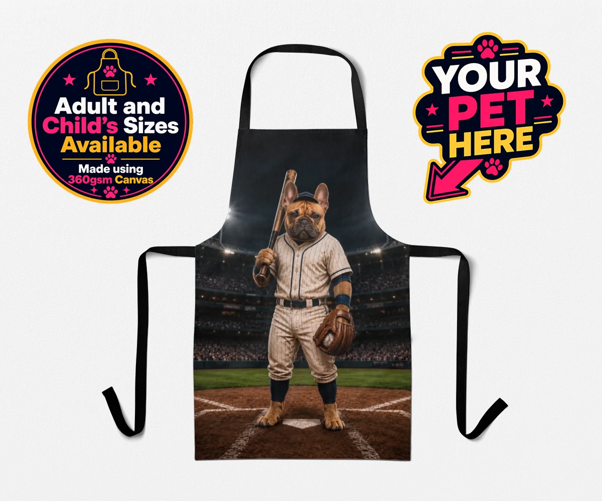 Personalised apron featuring Baseball Paw Legend dog in striped baseball uniform and vibrant stadium backdrop