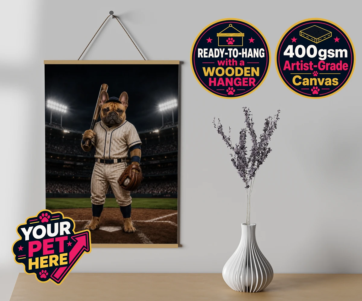 Personalised Baseball Paw Legend dog canvas poster prints with hanger featuring step up to the plate with our delightful Baseball Paw Legend portrait!