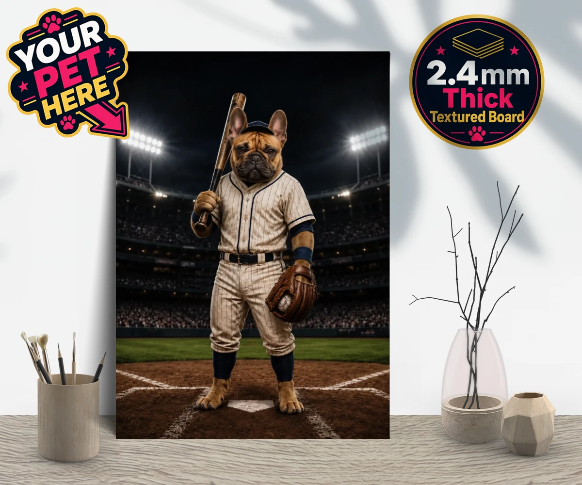 Personalised Baseball Paw Legend dog gallery boards featuring step up to the plate with our delightful Baseball Paw Legend portrait!