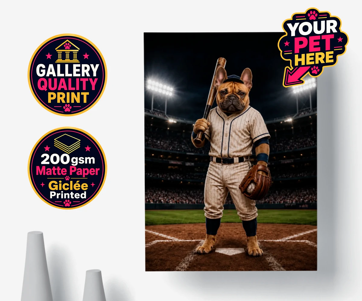 Personalised Baseball Paw Legend dog premium poster print featuring step up to the plate with our delightful Baseball Paw Legend portrait!