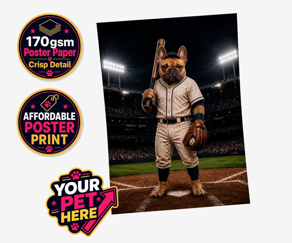 Personalised Baseball Paw Legend dog standard poster print featuring step up to the plate with our delightful Baseball Paw Legend portrait!