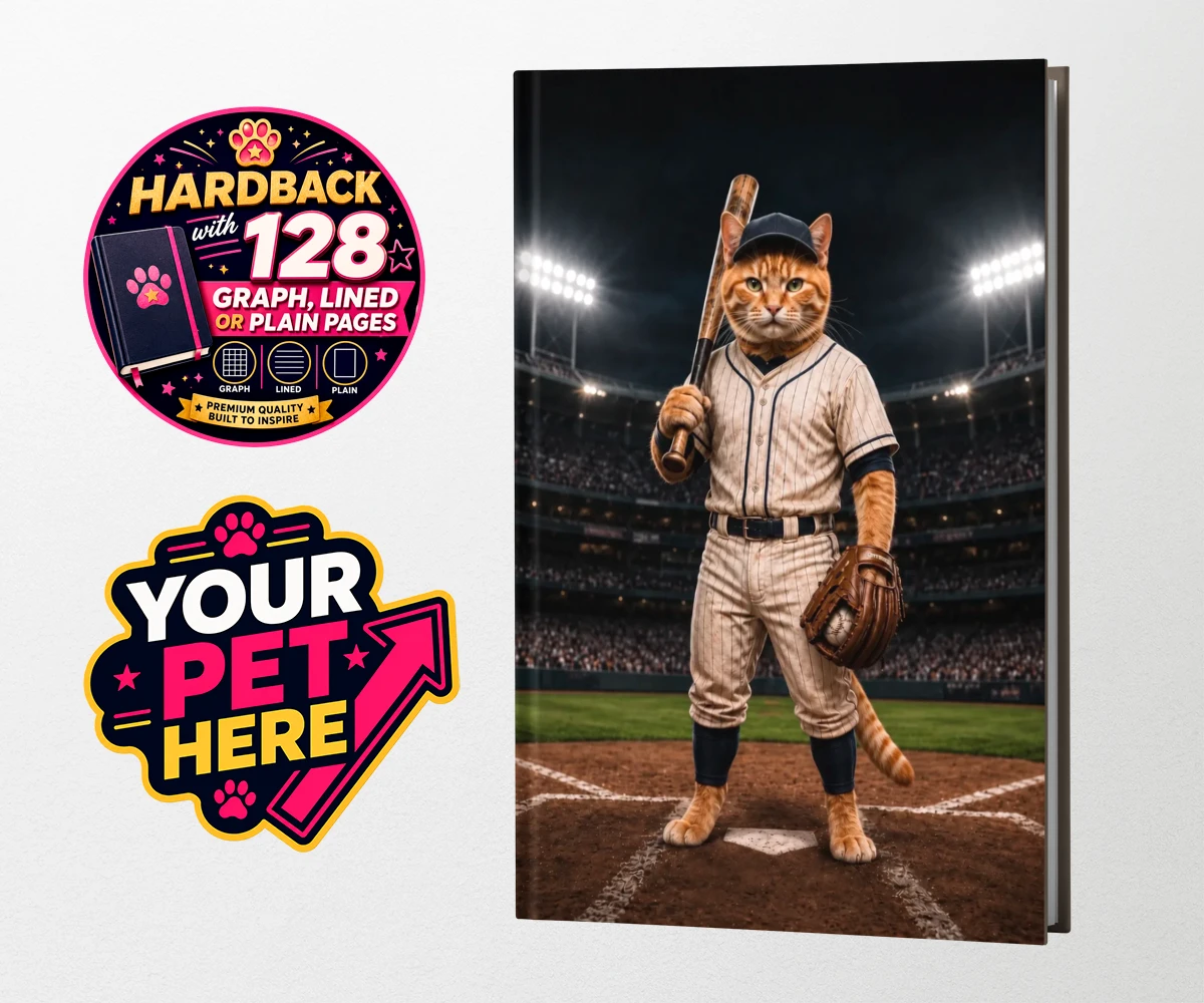 Personalised hardback notebook featuring Baseball Paw Legend cat in baseball uniform with cap and glove