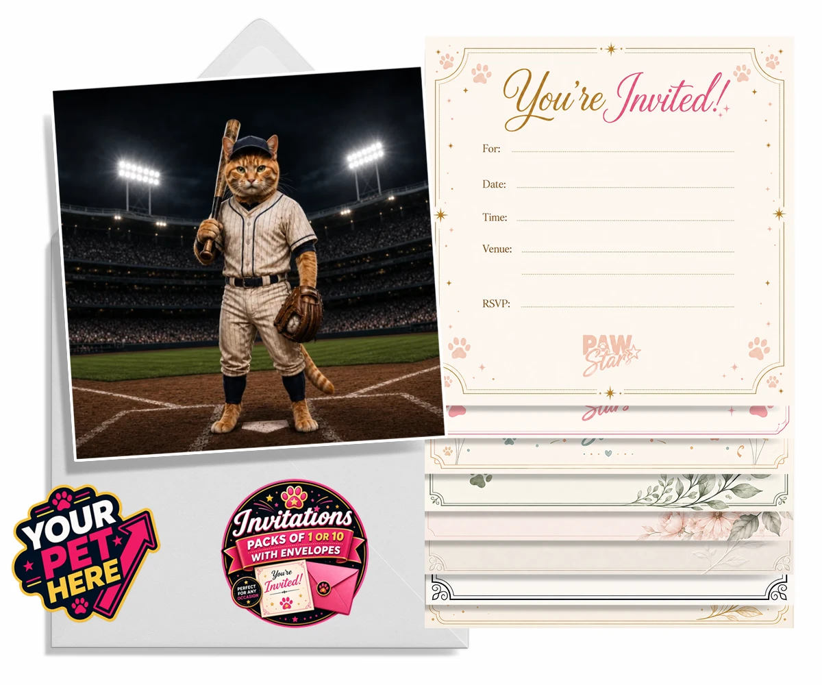 Personalised invitations featuring Baseball Paw Legend cat in a baseball uniform and cap
