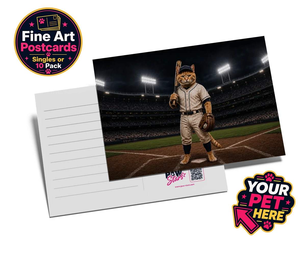 Personalised postcard of Baseball Paw Legend cat in baseball uniform with cap and glove