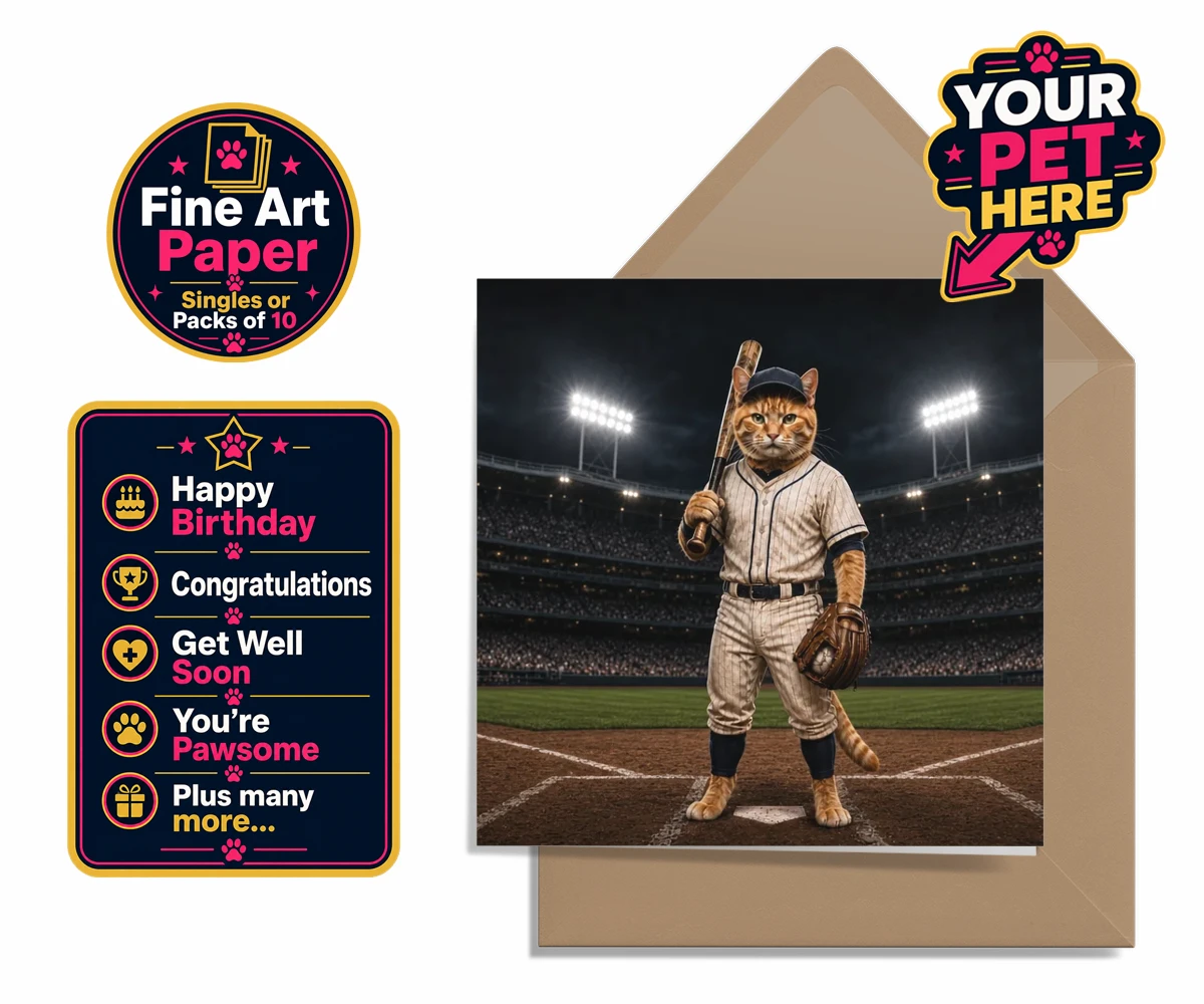 Personalised Baseball Paw Legend cat greetings card featuring a cat in a baseball uniform with cap and glove in a stadium setting.