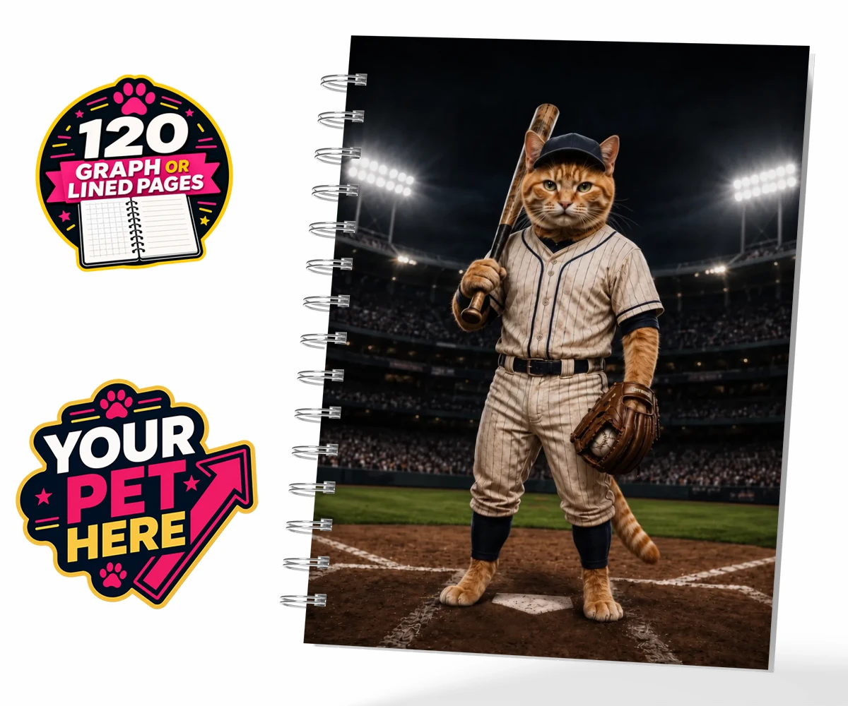 Personalised Baseball Paw Legend cat notebook showing a cat in a baseball uniform with a cap and glove, set against a stadium backdrop.