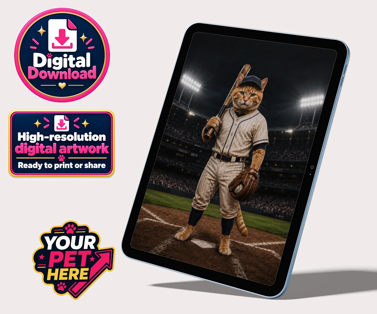 Personalised digital portrait of Baseball Paw Legend cat in baseball uniform and cap