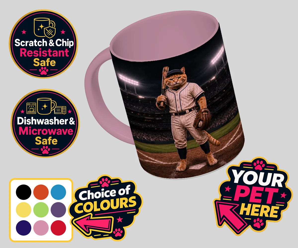 Personalised Baseball Paw Legend cat coloured photo mugs featuring a delightful fusion of feline whimsy and sporting spirit!