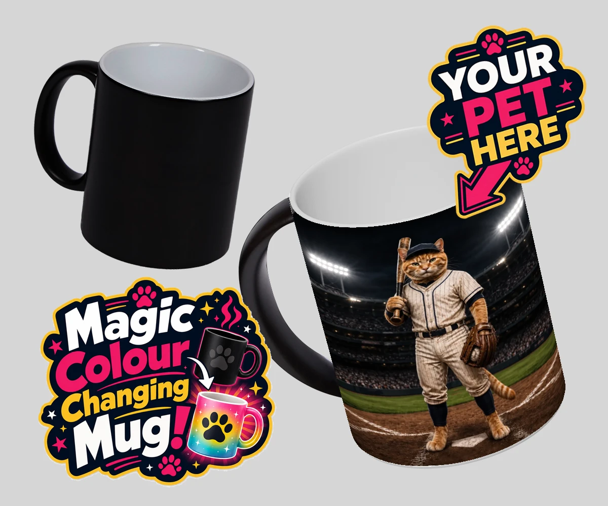 Personalised Baseball Paw Legend cat magic photo mugs featuring a delightful fusion of feline whimsy and sporting spirit!