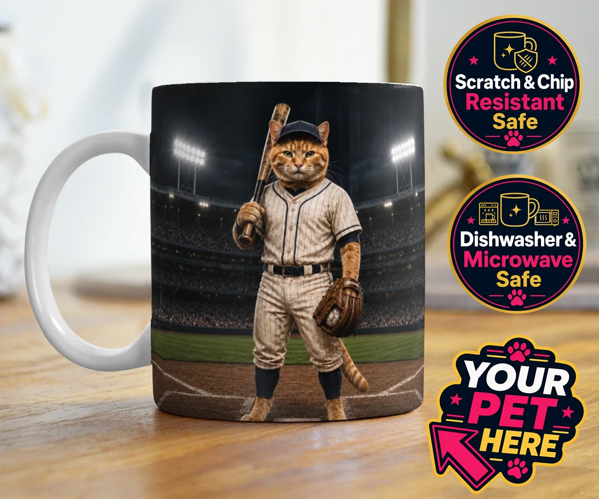 Personalised Baseball Paw Legend cat photo mugs featuring a delightful fusion of feline whimsy and sporting spirit!