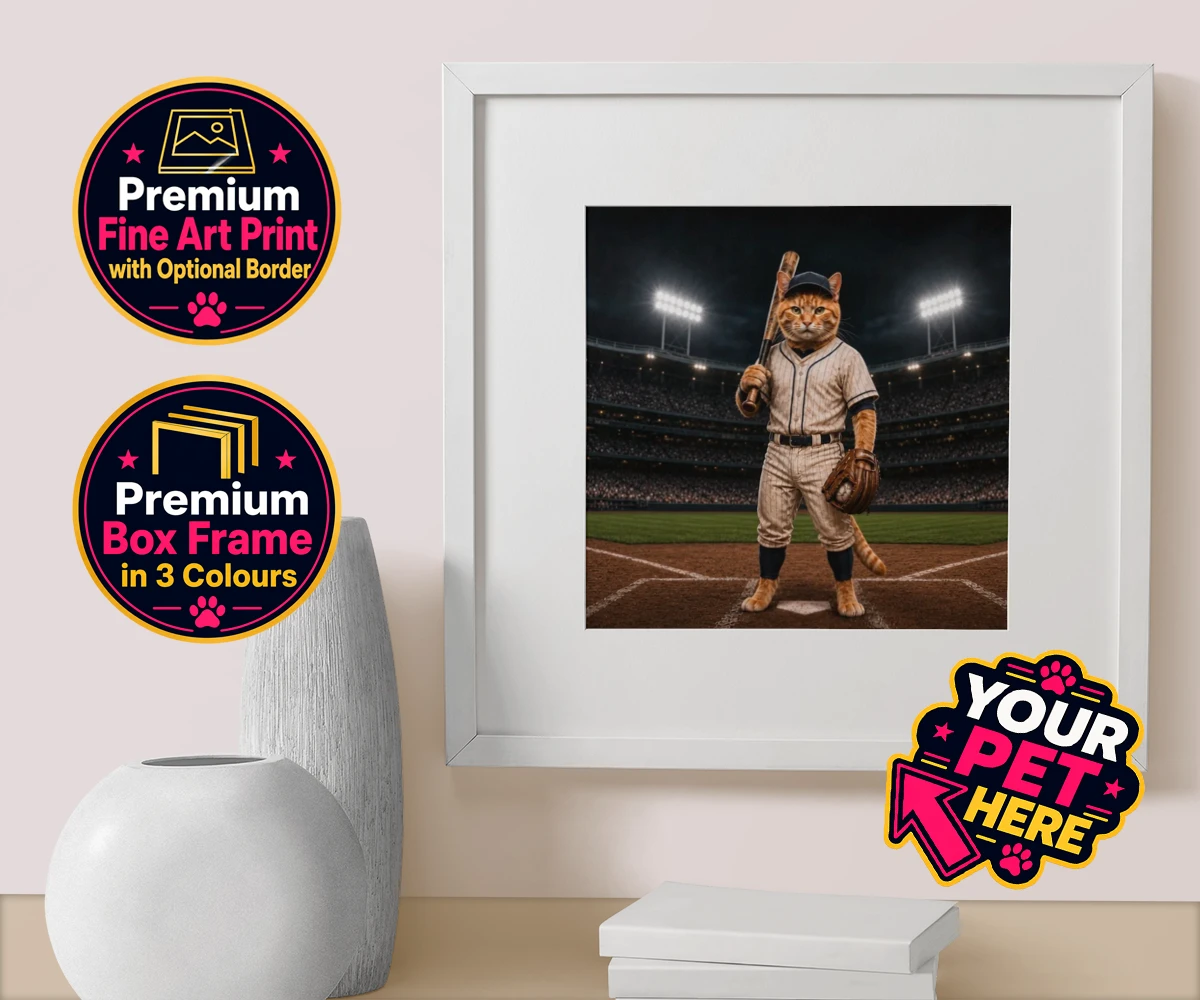 Personalised Baseball Paw Legend cat box framed print featuring a delightful fusion of feline whimsy and sporting spirit!