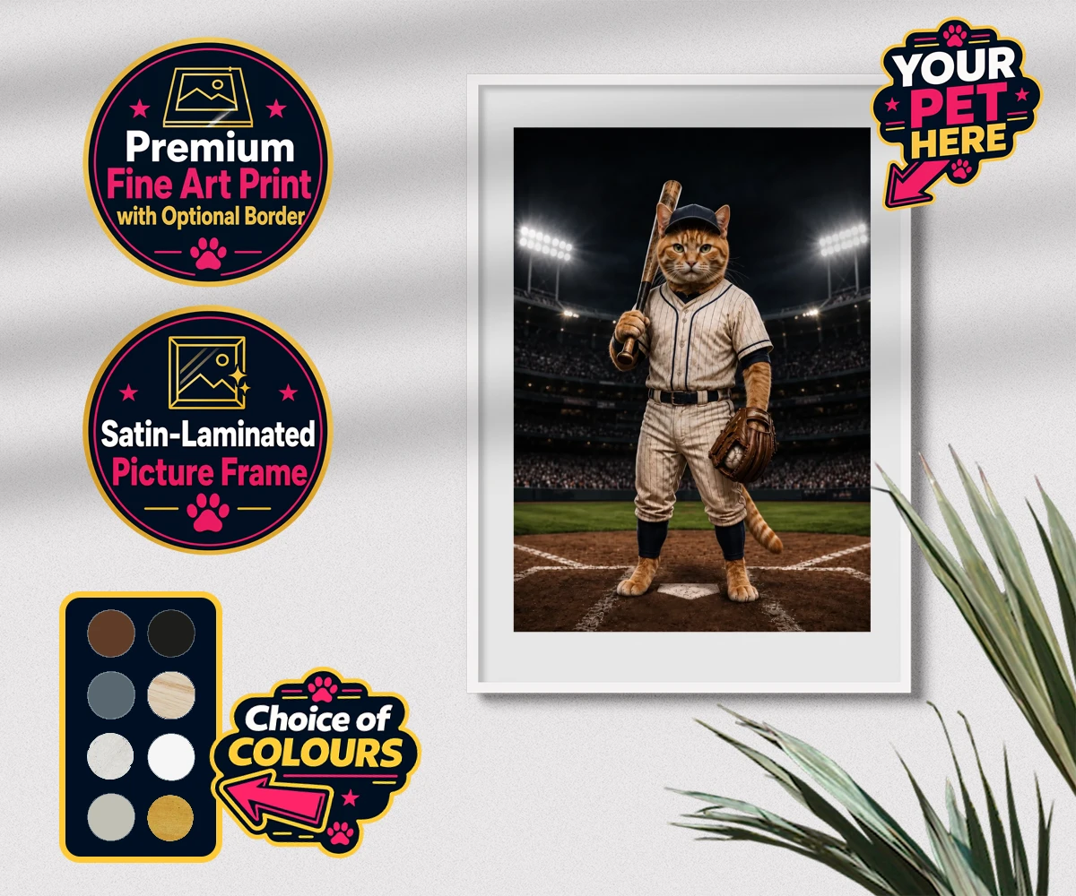 Personalised Baseball Paw Legend cat premium framed print featuring a delightful fusion of feline whimsy and sporting spirit!