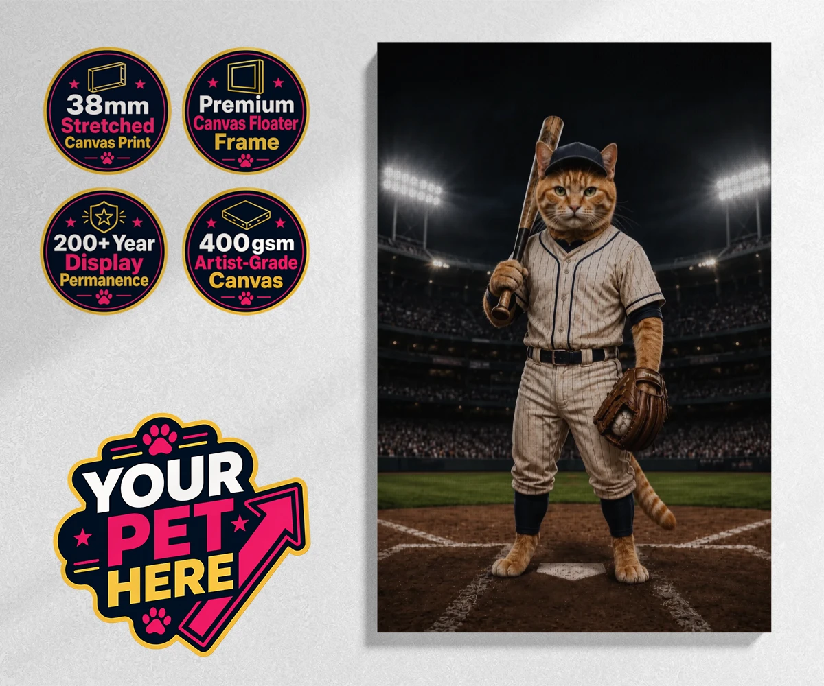 Personalised Baseball Paw Legend cat stretched canvas print featuring a delightful fusion of feline whimsy and sporting spirit!