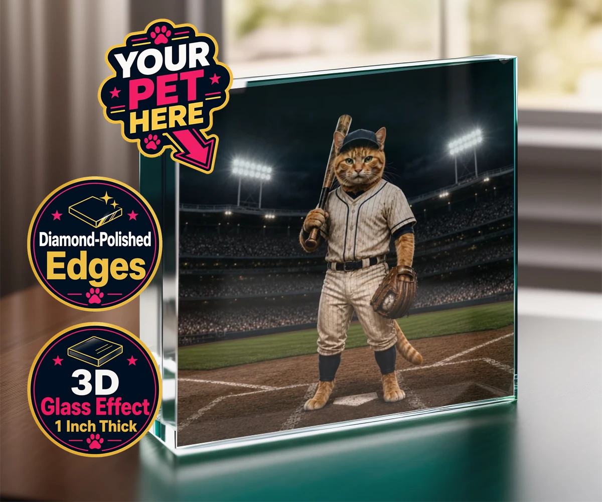 Personalised Baseball Paw Legend cat acrylic prisms featuring a delightful fusion of feline whimsy and sporting spirit!