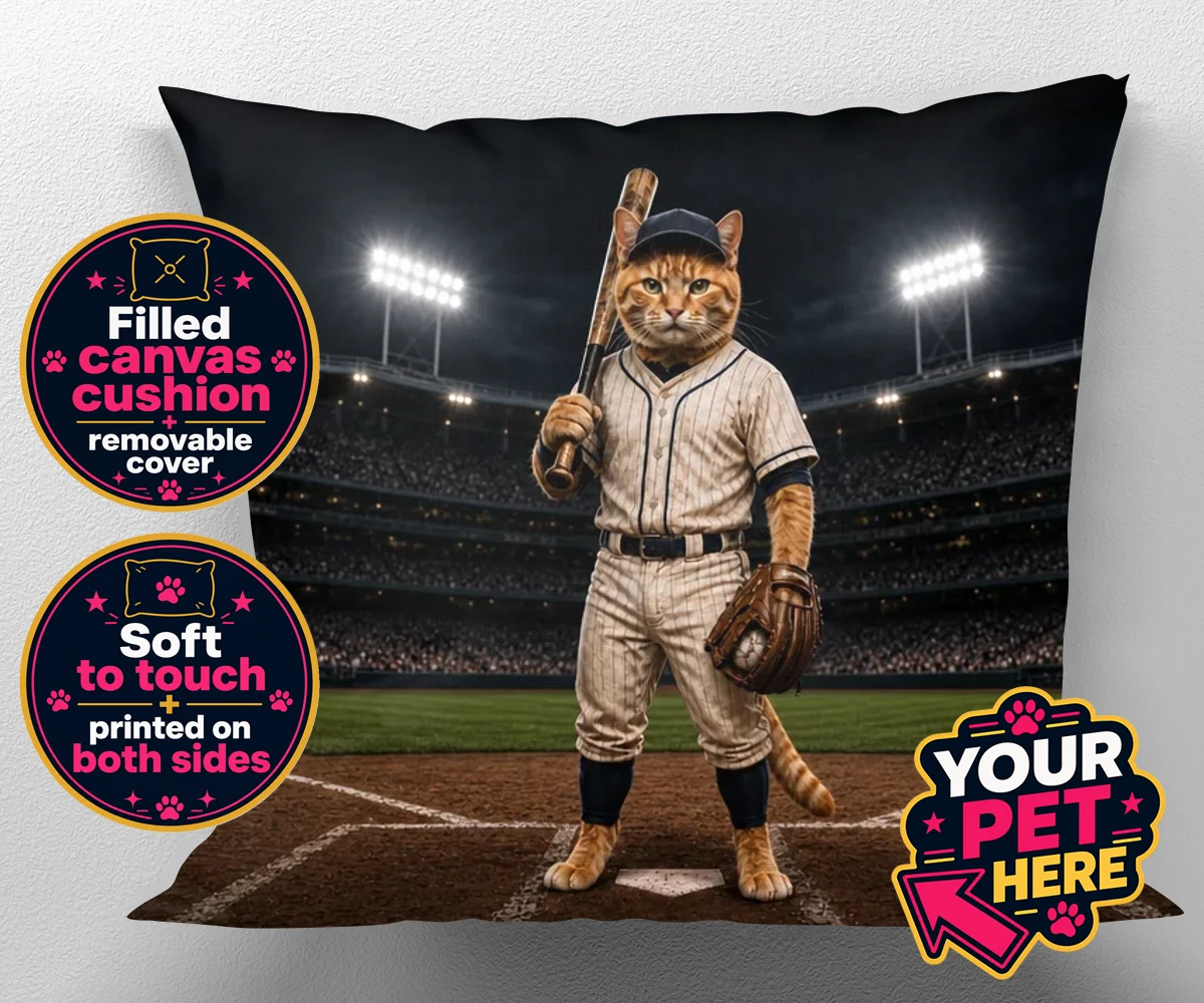 Personalised canvas cushion featuring the Baseball Paw Legend cat in a baseball uniform with cap and glove.