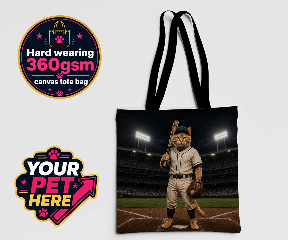 Personalised Baseball Paw Legend Cat Tote Bag featuring a cat in a baseball uniform