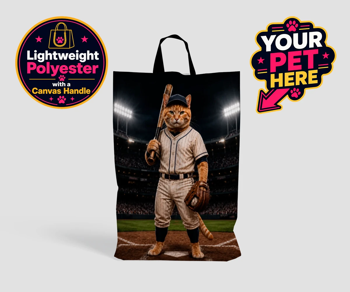 Personalised shopping bag featuring Baseball Paw Legend cat in a baseball uniform with cap and glove