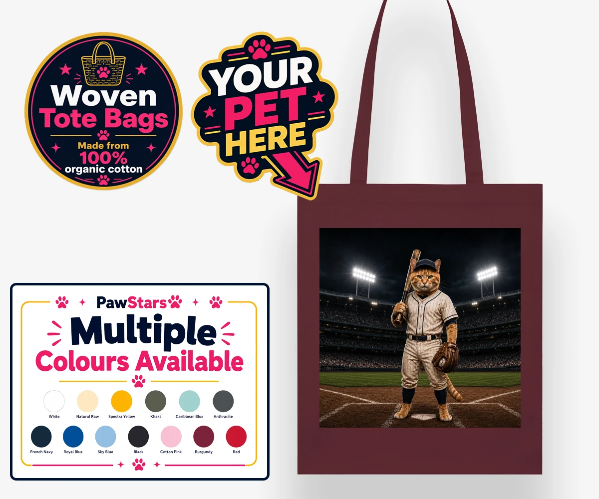 Personalised Baseball Paw Legend cat woven tote bag featuring a cat in a baseball uniform and cap
