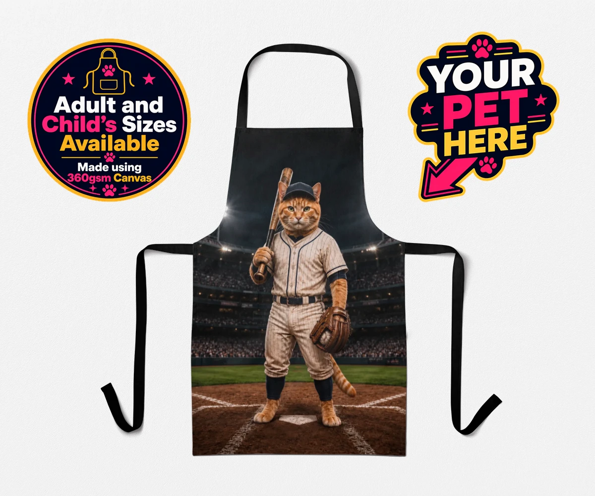 Personalised apron featuring Baseball Paw Legend cat in a baseball uniform and cap
