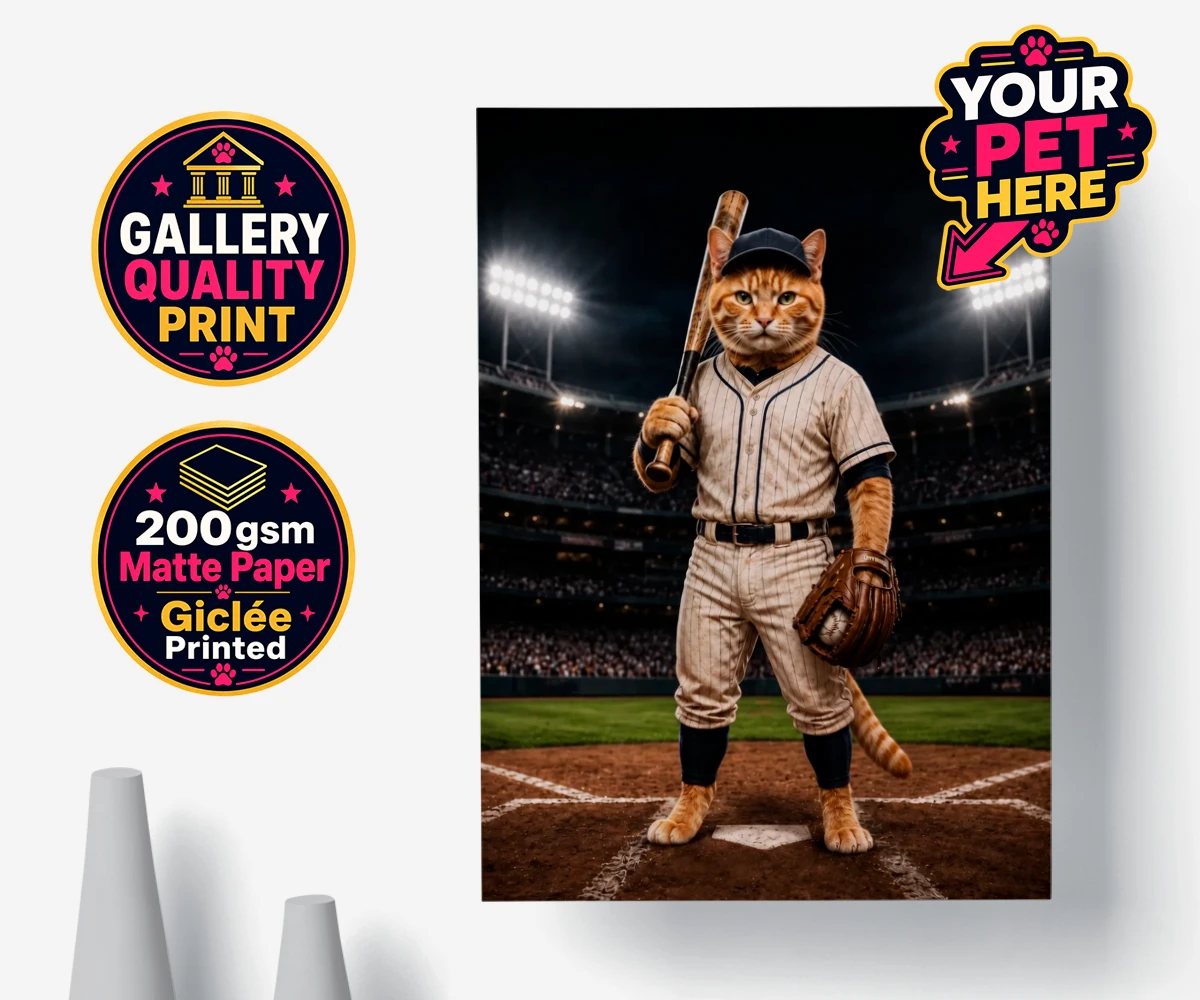 Personalised Baseball Paw Legend cat premium poster print featuring a delightful fusion of feline whimsy and sporting spirit!