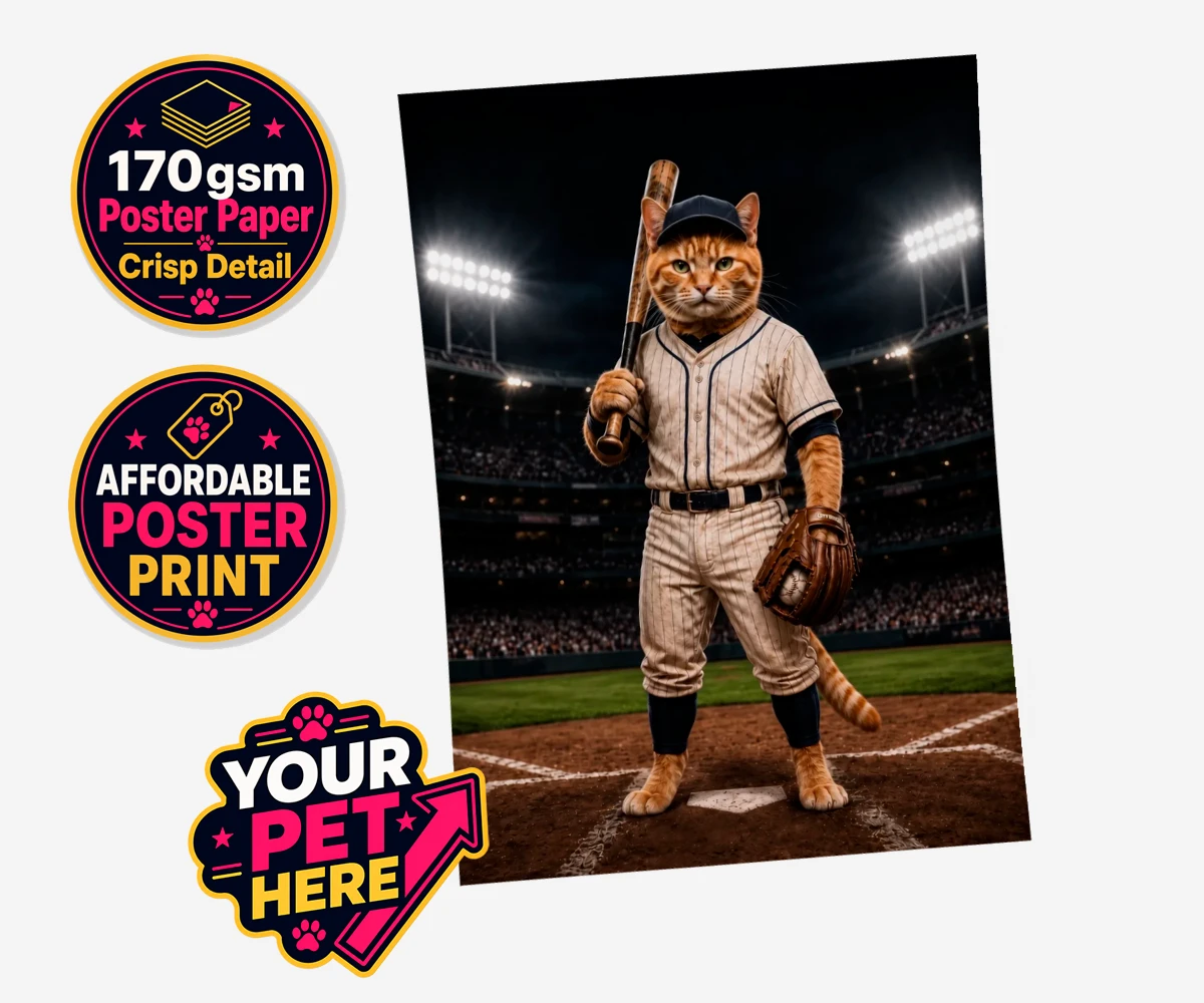 Personalised Baseball Paw Legend cat standard poster print featuring a delightful fusion of feline whimsy and sporting spirit!
