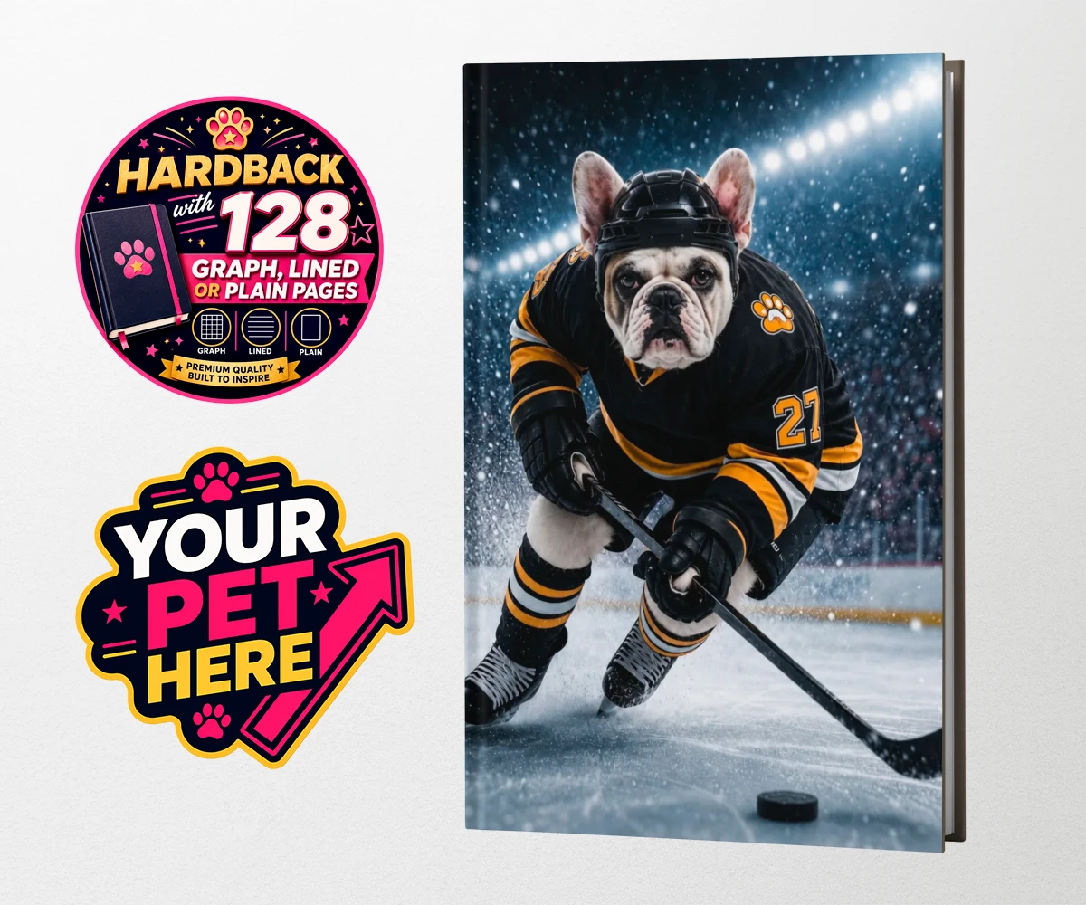 Personalised Paws on Ice dog hardback notebooks featuring where your beloved dog takes centre stage as a pint-sized sports star