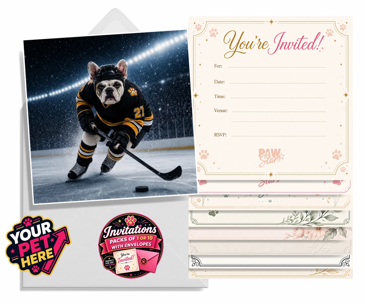Personalised Paws on Ice dog invitations featuring where your beloved dog takes centre stage as a pint-sized sports star