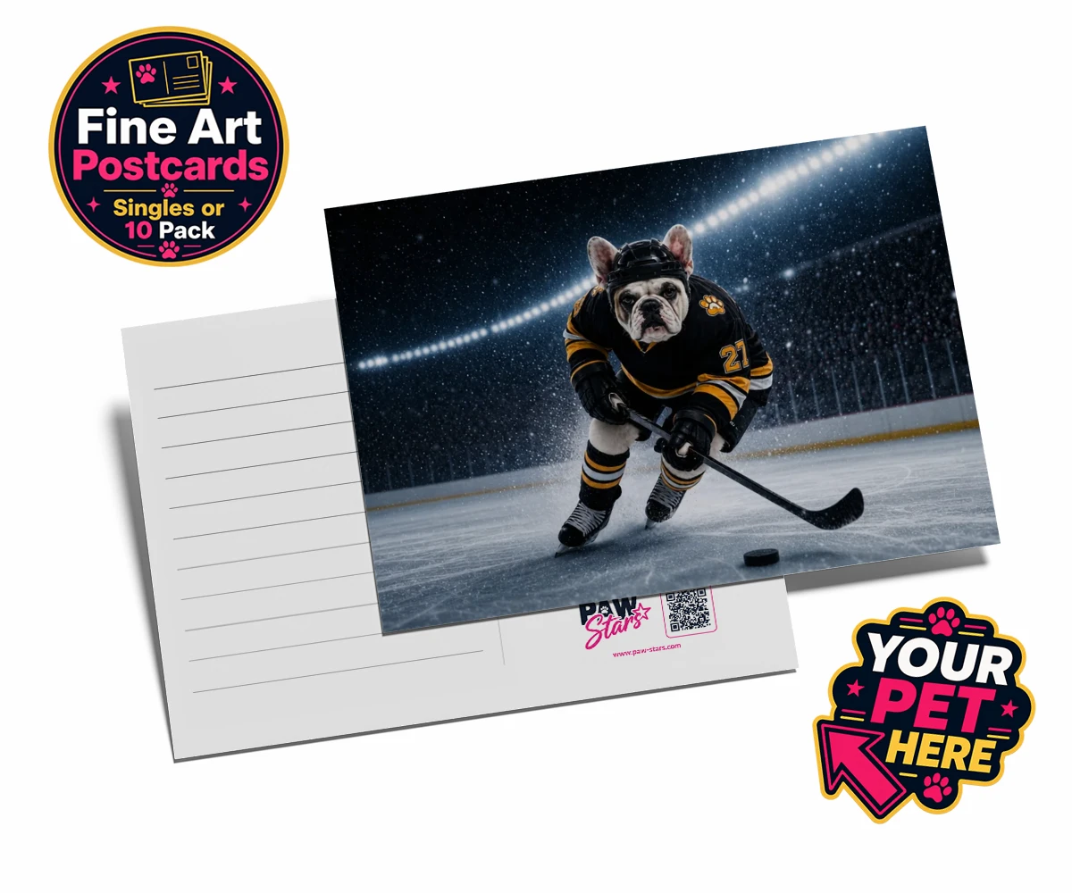 Personalised Paws on Ice dog postcards featuring where your beloved dog takes centre stage as a pint-sized sports star